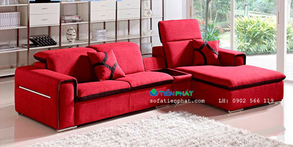 Ghế sofa góc màu đỏ đẹp kê nhà biệt thự sang trọng chất liệu nỉ kết hợp viền đen.